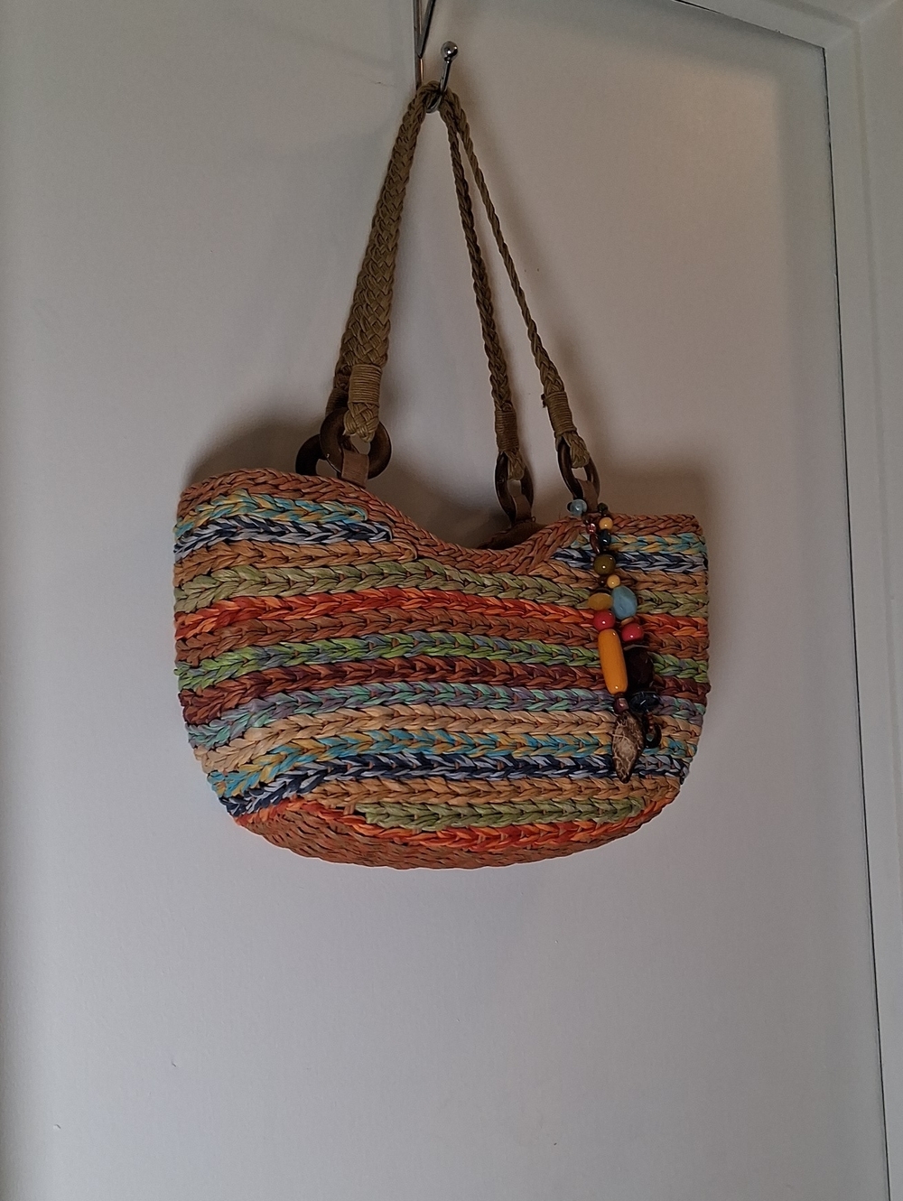 Capelli of New York Multicolor Woven Straw Tote with Beaded Charm